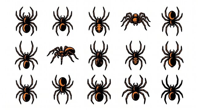 Collection of various spider illustrations isolated on a white background for halloween decoration and nature design projects