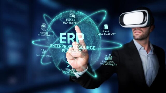 A business professional engages with virtual reality technology to enhance project management and enterprise resource planning in a modern digital workspace. Raster