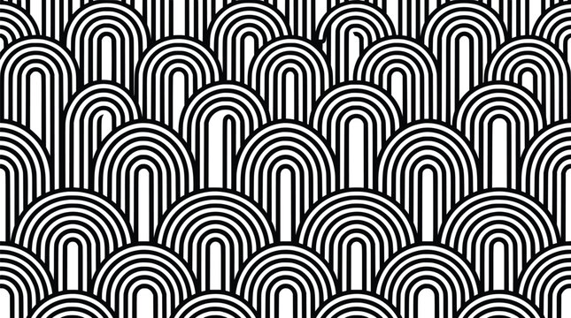 Art Deco seamless pattern with black and white arches, geometric retro line art background, vintage overlapping rainbow scale vector eps