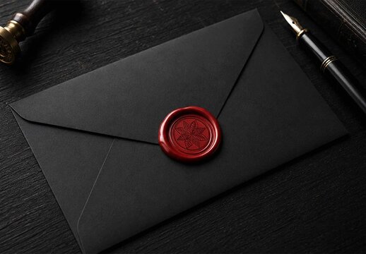 Black Envelope with Red Wax Seal Stamp Mockup