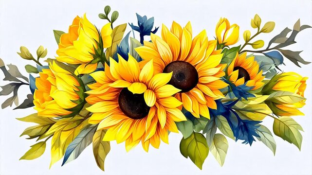 Digital vintage watercolor sunflower floral bouquet abstract background
