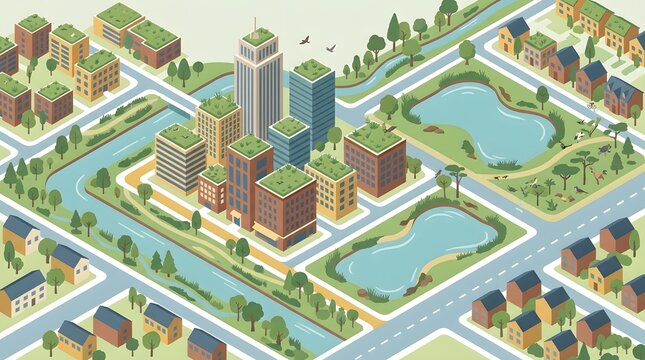 Isometric vector illustration showcasing a modern sponge city urban planning design for sustainable stormwater management. 
