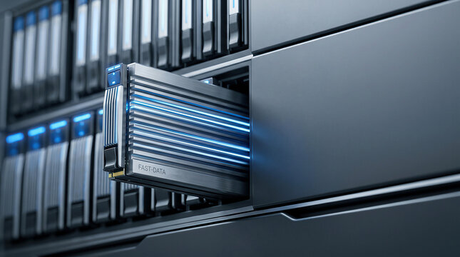 Server blade with glowing data lines sliding into server rack, high-speed computing technology concept.