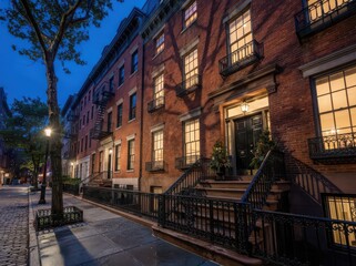 Fototapeta premium Red brick row houses with stoops and lit windows at dusk