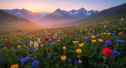 Obraz premium Vibrant Alpine Meadow Bursting with Wildflowers at Sunrise