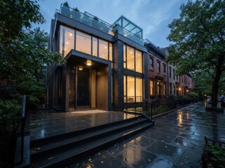 Fototapeta premium Modern townhouse entrance with glass facade on wet tree lined street