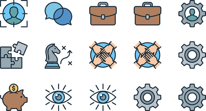 Corporate business strategy and human resources flat icons set vector illustration featuring teamwork management planning and organization elements