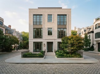 Fototapeta premium Detached modern stone townhouse with sidewalk garden in daylight