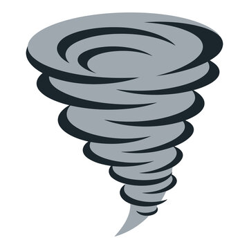 Gray cartoon tornado illustration with swirling clouds and strong winds icon