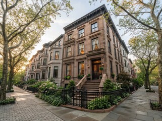 Fototapeta premium Corner brownstone building at tree lined intersection