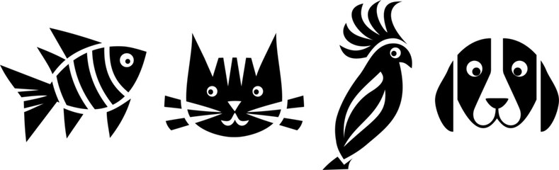 Pet icons set. Black and white vector silhouettes of a fish, cat, parrot and dog in flat style isolated on white © Parakhat