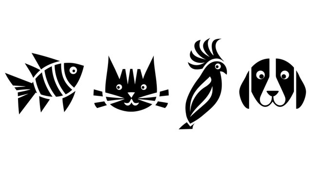 Pet icons set. Black and white vector silhouettes of a fish, cat, parrot and dog in flat style isolated on white