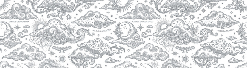 Whimsical celestial clouds and sun pattern, vintage sketch style © aa