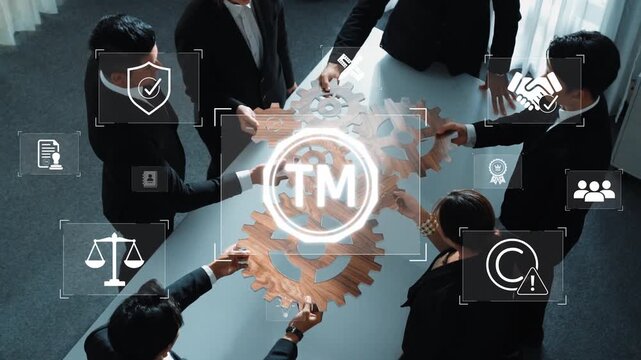 Team members collaborate in a modern workspace, engaging in strategic discussions surrounding gears and digital icons, symbolizing innovation and project management. Raster