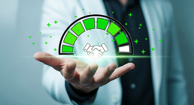 Businessman presenting virtual trust gauge level handshake icon