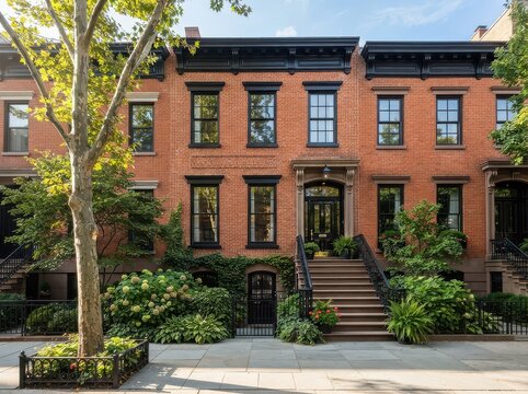 Red brick brownstone with stoop and street tree