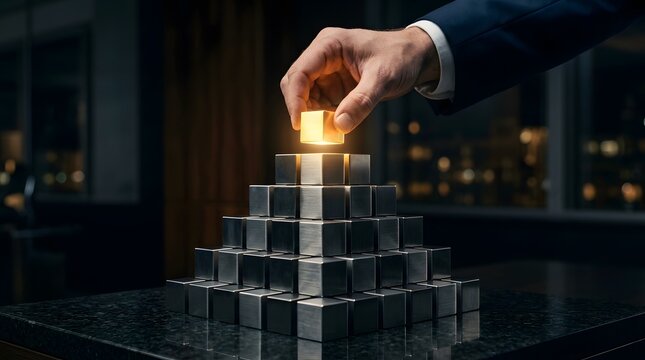 Hand placing golden block on pyramid. Business leader building corporate strategy concept.