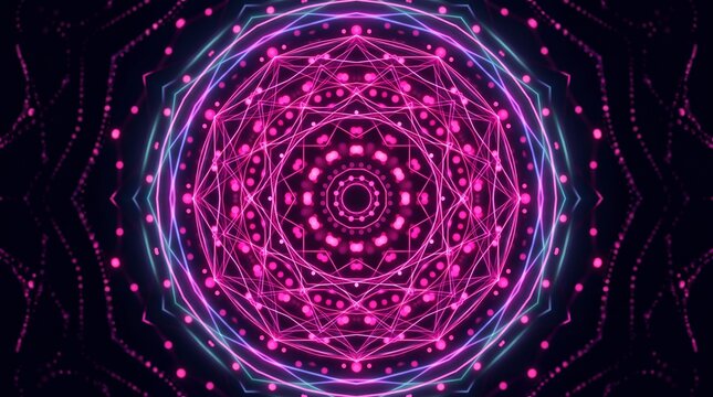 Neon pink geometric mandala pattern with glowing light lines and dots