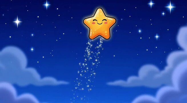 Cute smiling cartoon star flying in the night sky with a glittering stardust trail and clouds