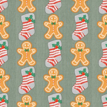 Knitted Christmas Gingerbread and Stocking Seamless Pattern Green