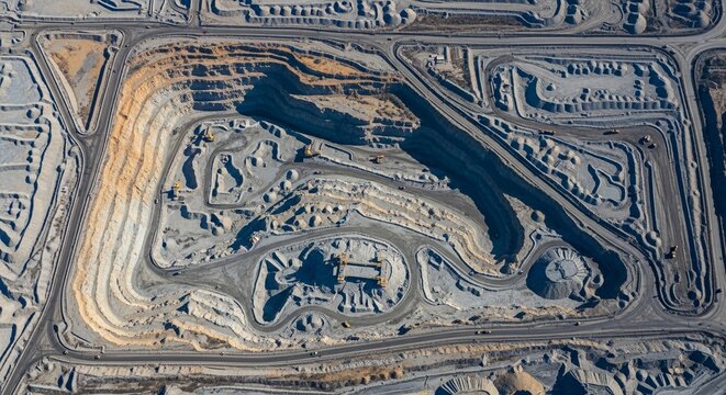 Expansive Open Pit Mine Operation Viewed From Above Featuring Terraced Excavations and Industrial Roadways