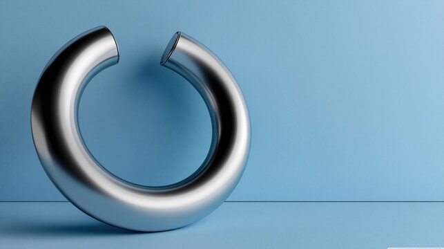 Open C shaped brushed silver metallic torus placed against solid light blue background, modern minimalist 3D abstract geometric design composition