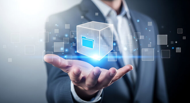 Businessman presenting virtual data folder inside transparent cube