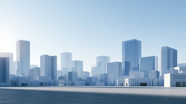 Minimalist light blue 3D rendered modern city skyline with empty concrete square, contemporary clean urban architecture abstract composition