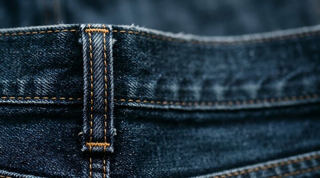 Close up of a belt loop on dark blue denim jeans with stitching