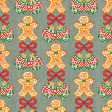Cozy seamless pattern featuring knitted gingerbread men and hanging Christmas ornaments on green linen texture.