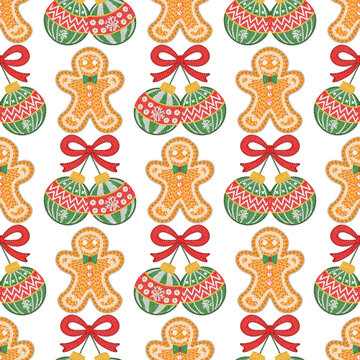 Knitted Gingerbread Man and Baubles Pattern White. Cute Christmas seamless pattern with knitted gingerbread character, green decorated baubles, and red bows on white background.