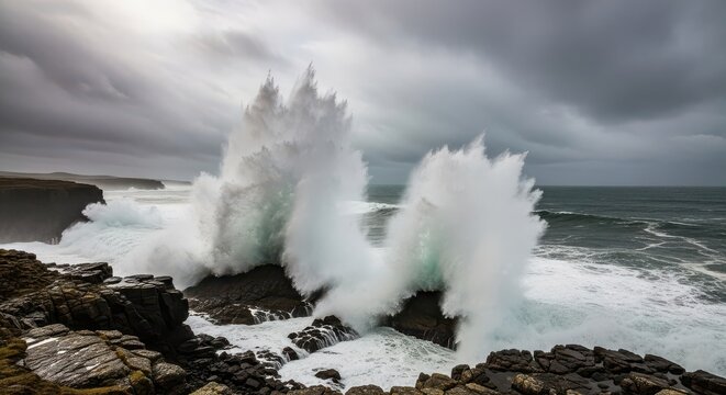Powerful ocean waves crashing against rocky coastline during a storm