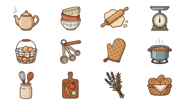 Collection of Hand-Drawn Kitchen Utensils and Baking Tools.