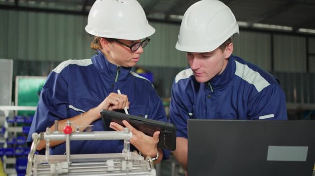 Industrial engineers collaborate during equipment inspection using measuring tools and digital technology. quality inspection