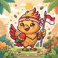 Fototapeta premium Cute Bird Holding Indonesian Flag with 