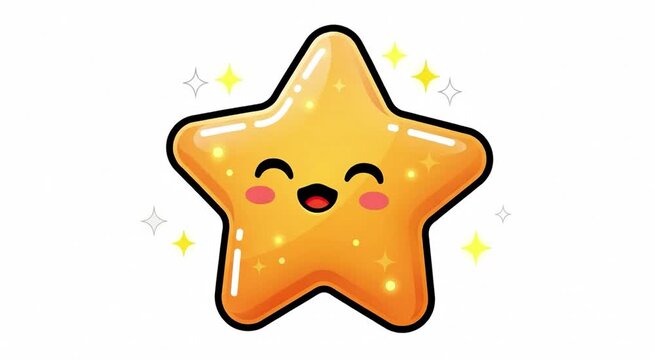 Cute Kawaii Glowing Yellow Star Character with Smiling Happy Face and Sparkles