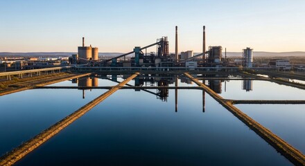 Naklejka premium Industrial smelter complex with prominent reflection in calm water at sunset.