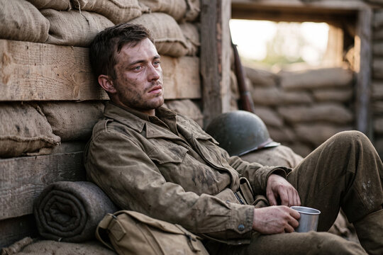 Exhausted WWII soldier slumps against a wall, his grimy face reflecting profound weariness
