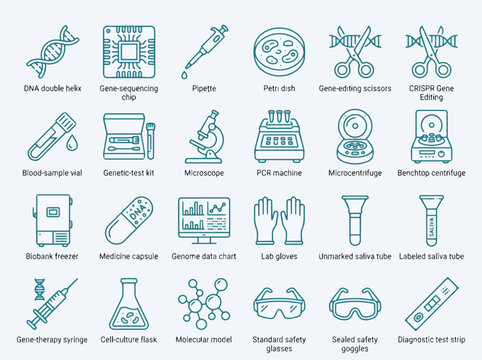 Precision Genetic Medicine Lab Tools Line Icon Vector Set