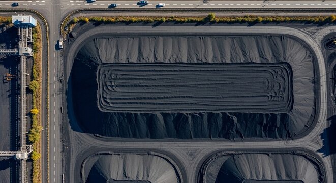 Massive coal stockpile adjacent to busy highway, representing industrial resource storage and energy supply.