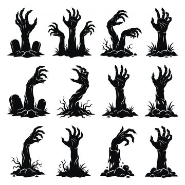 Halloween zombie hands. Spooky haunted arms appear of ground silhouette vector illustration set. Creepy zombie arms elements, vector isolated on white