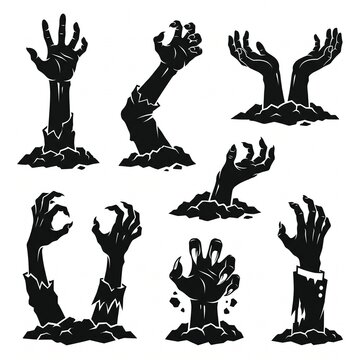 Halloween zombie hands. Spooky haunted arms appear of ground silhouette vector illustration set. Creepy zombie arms elements, vector isolated on white