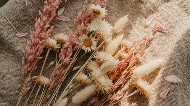 Dried flower arrangement on linen, warm desaturated tones, hygge aesthetic