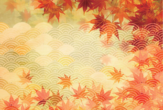 Autumn Maple Leaves with Traditional Japanese Pattern Background