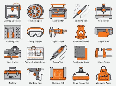 Comprehensive set of makerspace tools and DIY equipment icons showing fabrication gear isolated on a neutral background for workshop layout.