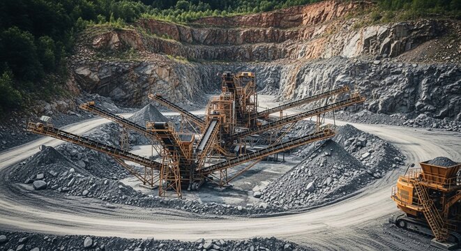 Massive quarry operation with extensive machinery for stone extraction and processing within a mountainous landscape