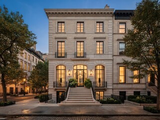 Fototapeta premium Large stone townhouse with arched entry and wide stairs