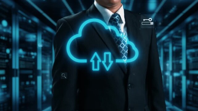 A businessman stands confidently in front of cloud technology icons, illustrating data transfer and digital security. The background features a modern data center. Qubit