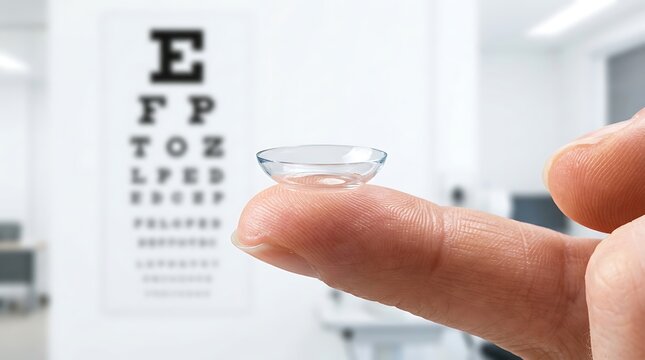 Transparent contact lens on a finger with blurred eye chart background