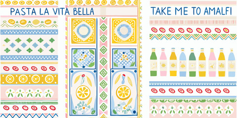italian themed product labels with colorful patterns and text pasta amalfi lemon bottles design illustration vector graphic food drink culture travel vacation summer © Asit